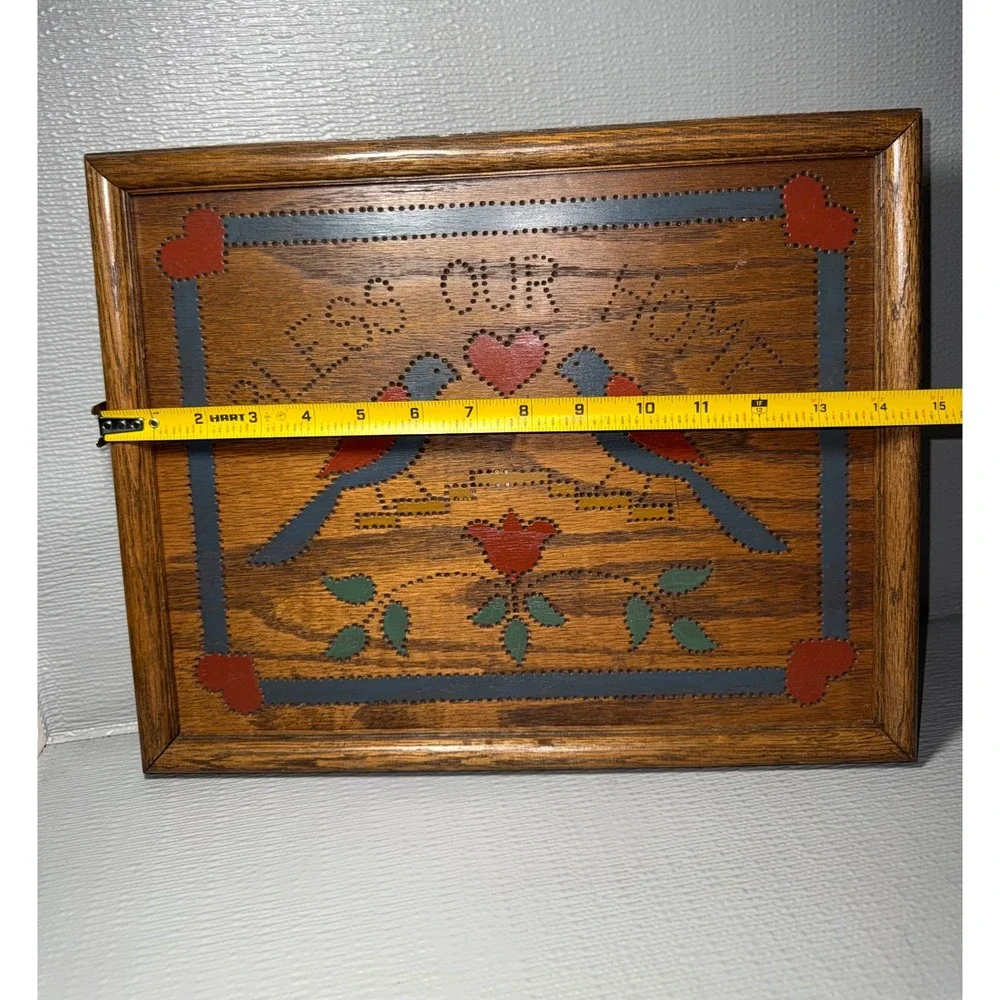 Vintage Folk Art Bless Our Home Wooden Wall Plaque Bird Heart Rustic Decor 14in